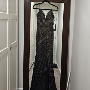 Black Beaded Spaghetti Strap Prom Dress